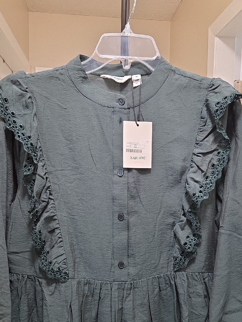NWT b.young Dark Green Ruffle Button Front Dress | Victorian Boho Prairie - Picture 4 of 12
